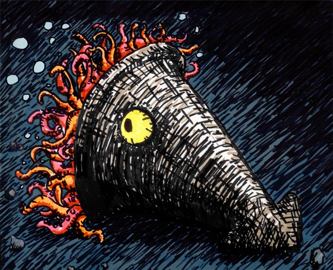 A drawing of a bio-mechanical cephalopod with a metal shell.