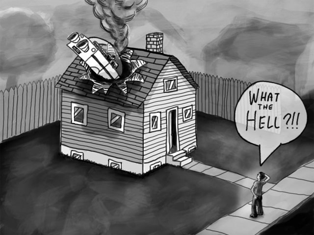 A drawing of a flying car crashed into the roof of a little house.